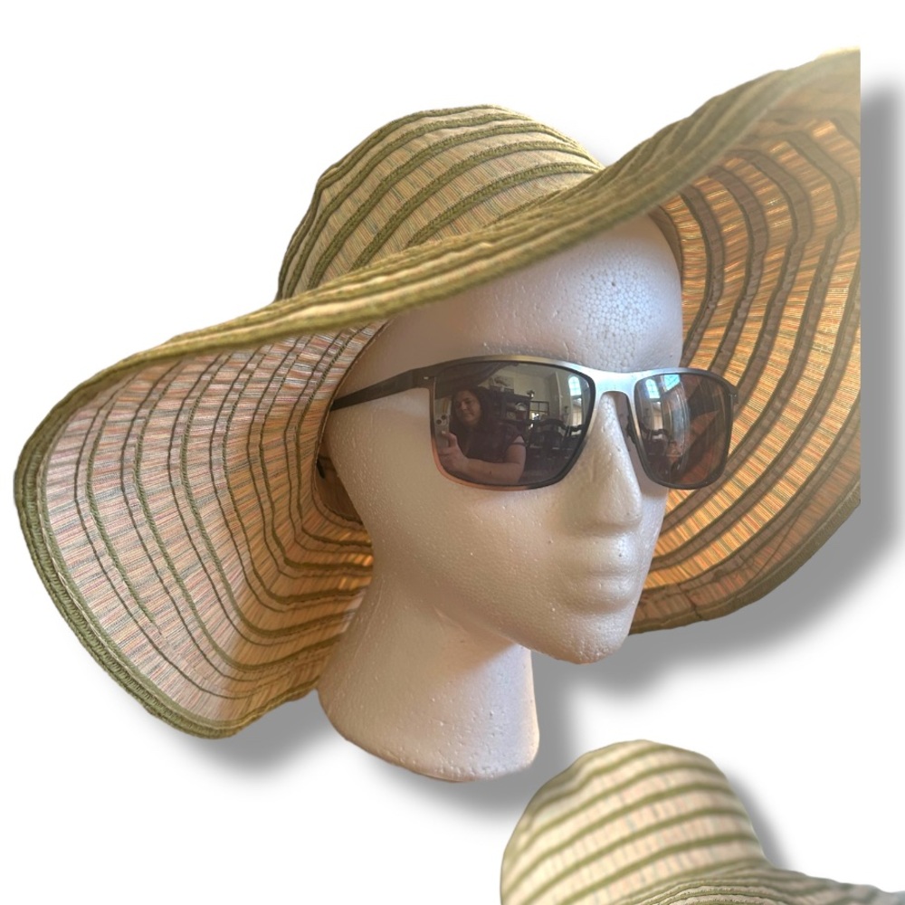 Striped Wide Brim Sun Hat Sailor Pin Floppy Beach Straw Hat Khaki